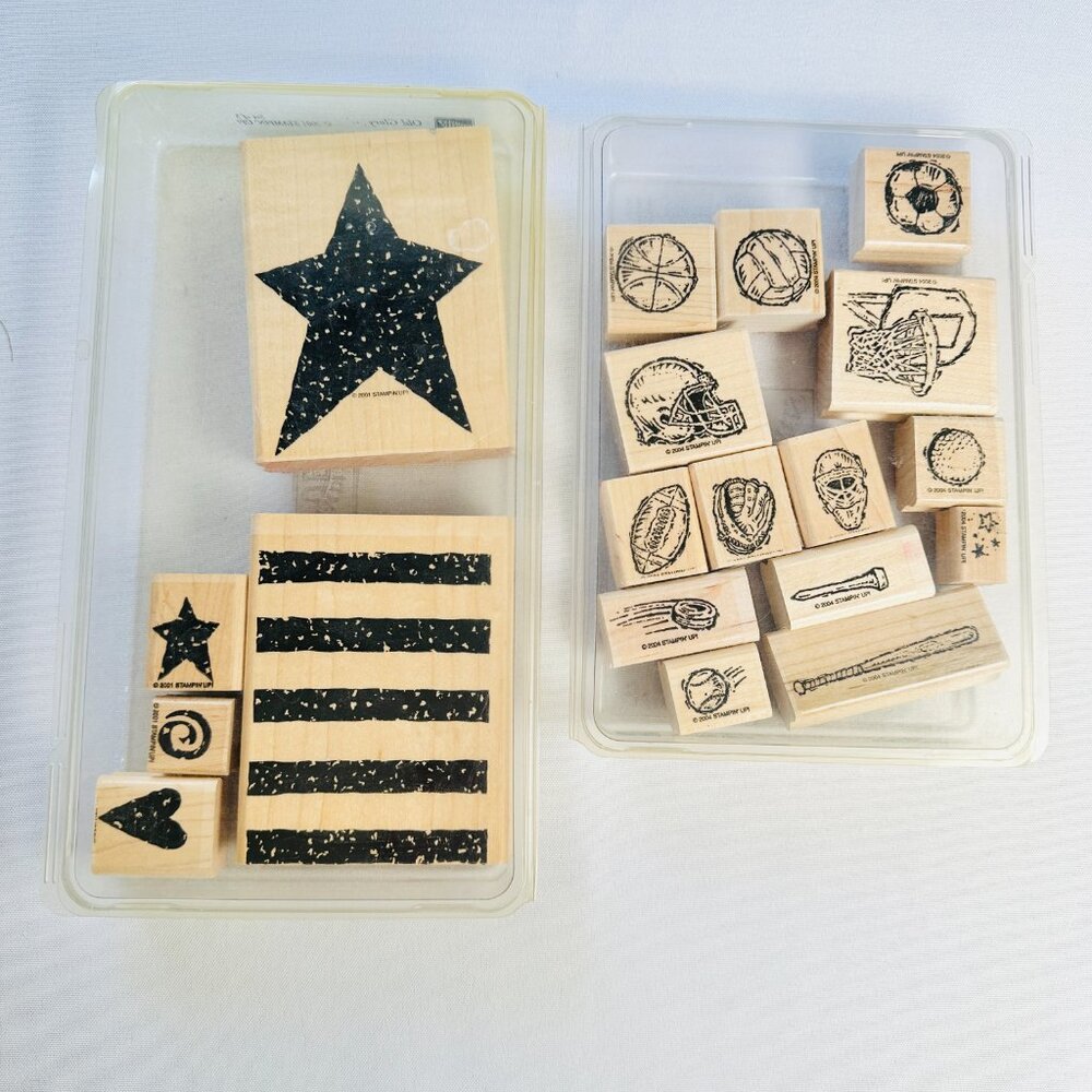 Stampin' Up! Lot of 2 Wooden Stamp Sets 2001 Old Glory 2004 Sporting Goods - Picture 1 of 7